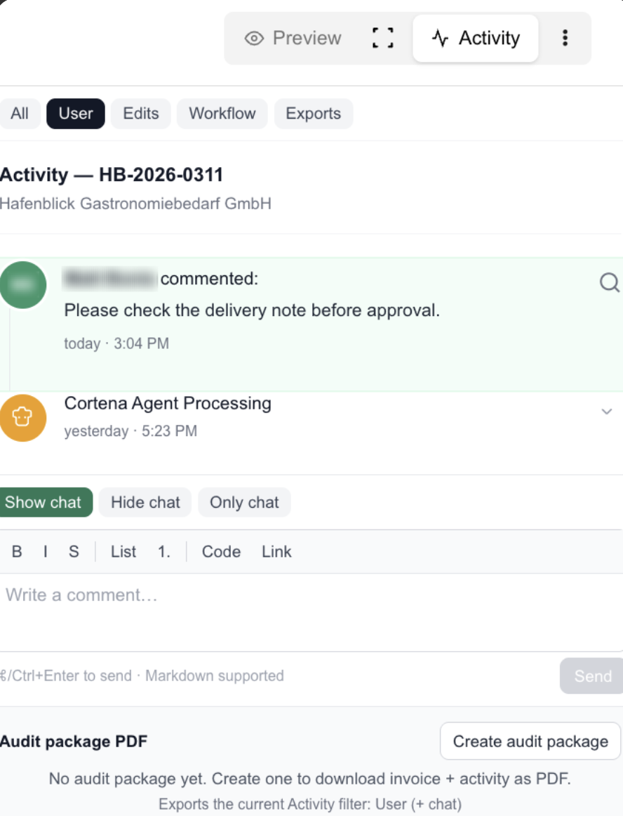 Activity chat composer and timeline filters