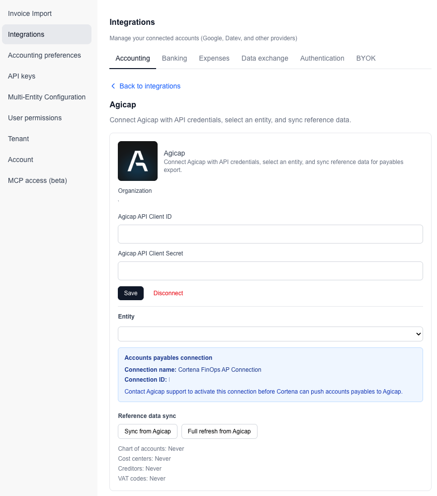 Agicap payables connection in Cortena settings
