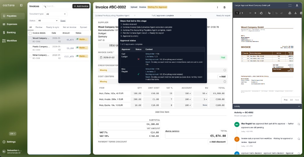 Managers: approval status on an invoice
