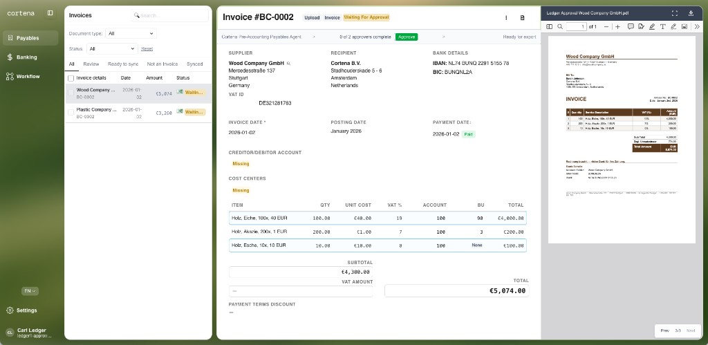 Line items highlighted for approval routing