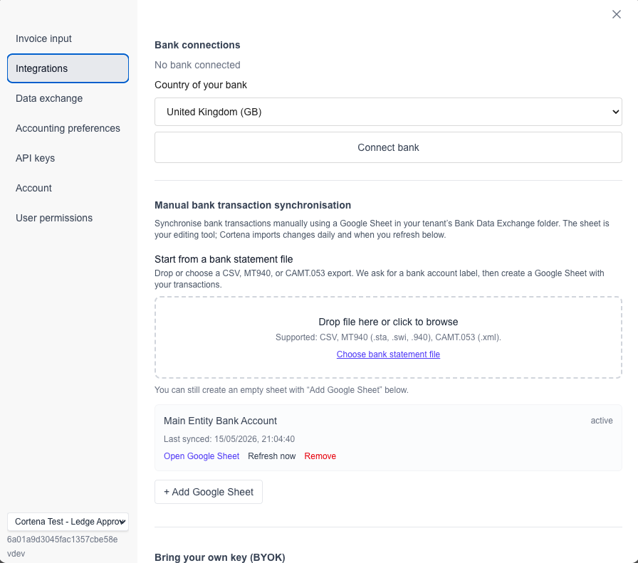 Settings → Integrations: Bank Data Exchange cards