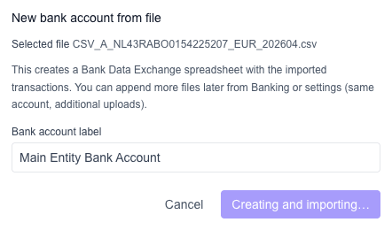 New bank account from file confirmation