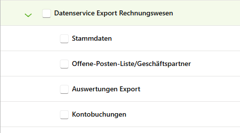 Datenservice Export Rechnungswesen · Stammdaten, Offene-Posten-Liste, Auswertungen Export, Kontobuchungen