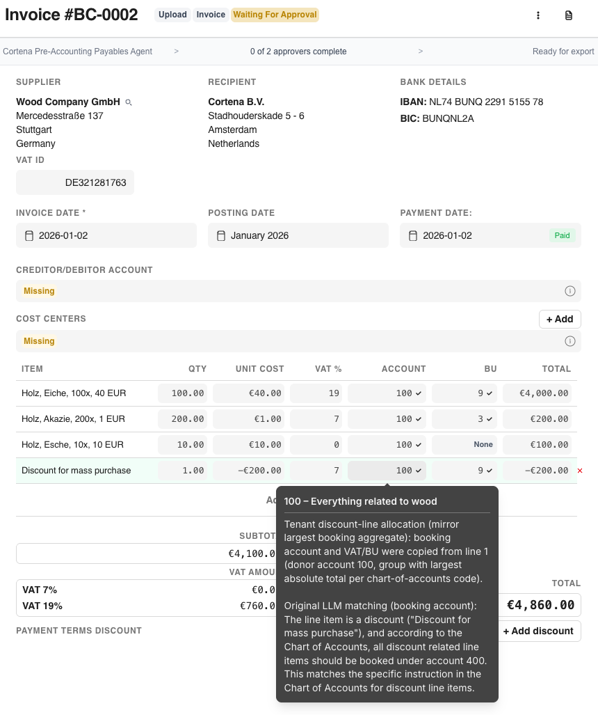 Discount line tooltip showing allocation override