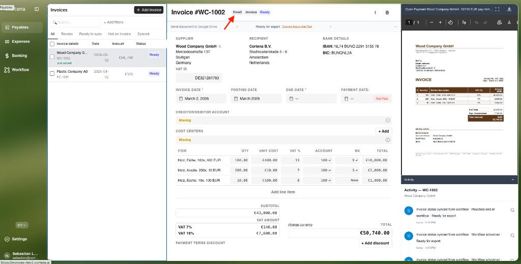 Invoice detail header with Email badge