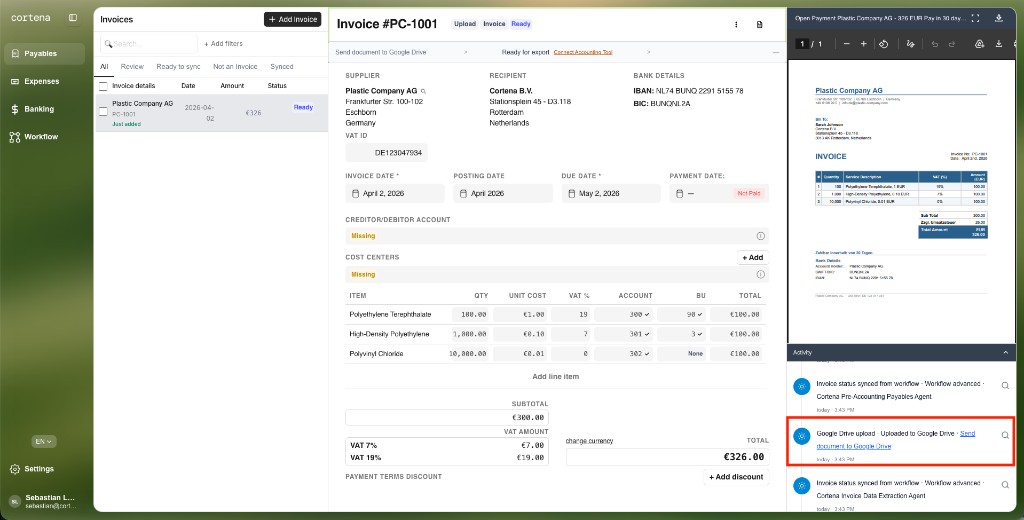 Invoice Activity: Google Drive upload logged