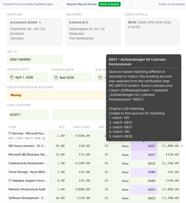 Matching correction tooltip on an invoice