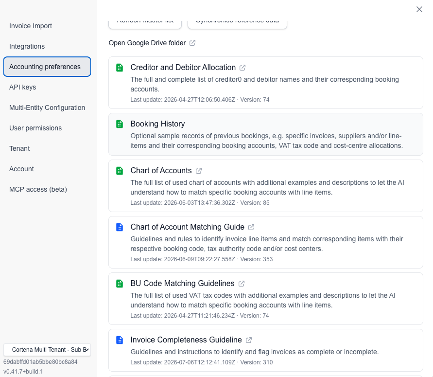 Settings → Accounting preferences: eine Karte pro Richtliniendokument