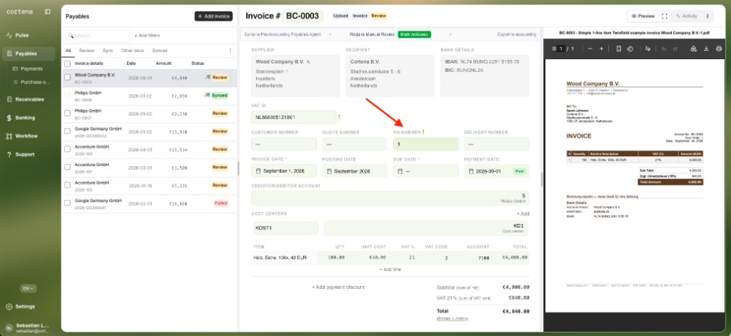 Payable detail with linked PO Number set to 1 for invoice BC-0003