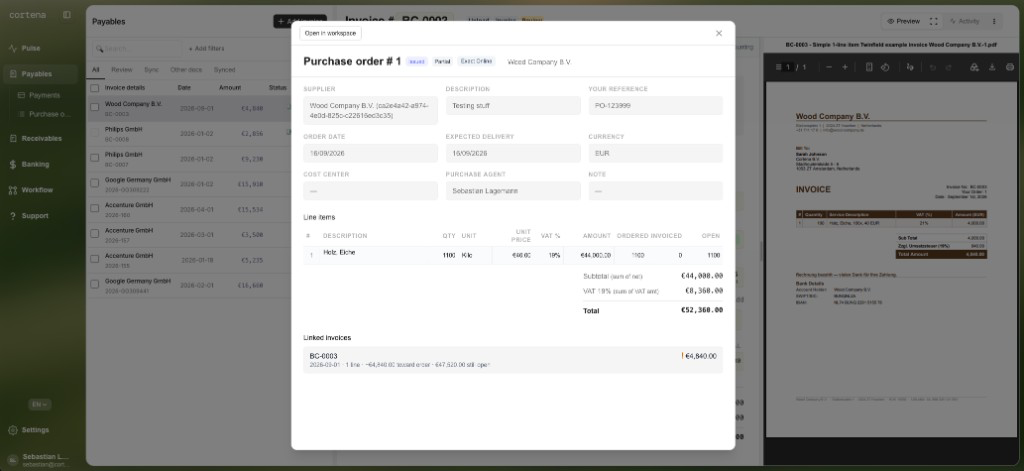 Purchase order preview lightbox opened from the payable, showing linked invoice BC-0003