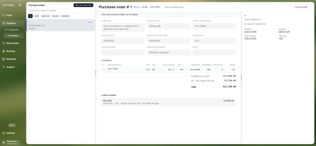 Purchase order workspace with Issued, Partial, and Exact Online badges, plus linked invoice BC-0003
