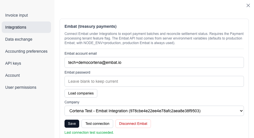 Settings → Integrations: Embat connection