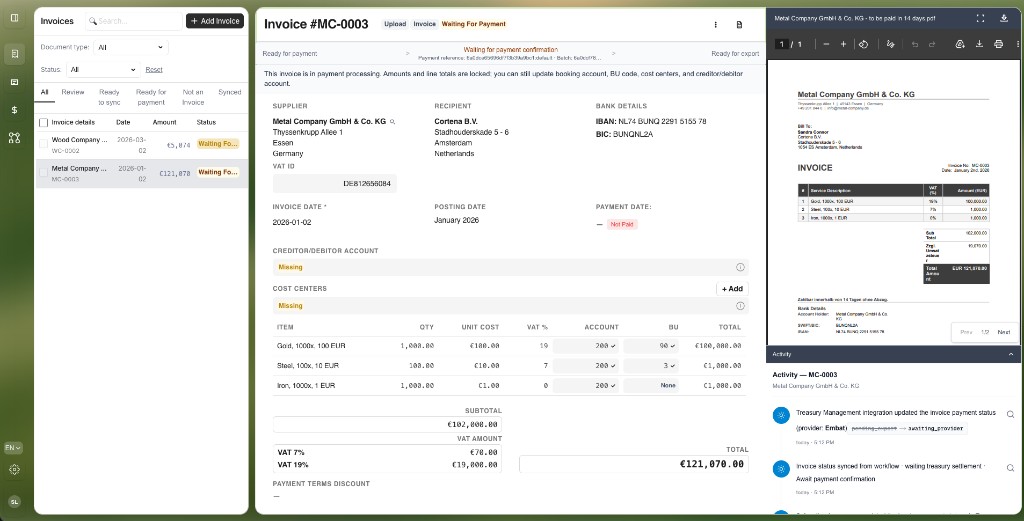 Invoice awaiting payment confirmation from Embat